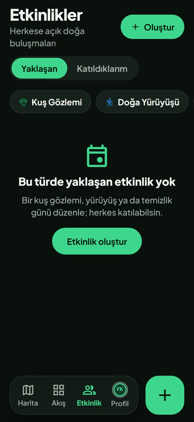 Doğa Haritası uygulaması: Etkinlikler ekranı