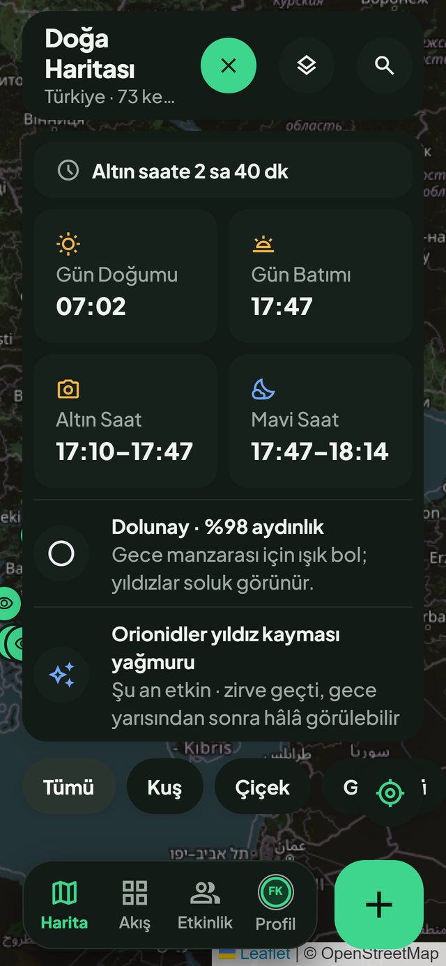 Doğa Haritası uygulaması: Gökyüzü paneli ekranı