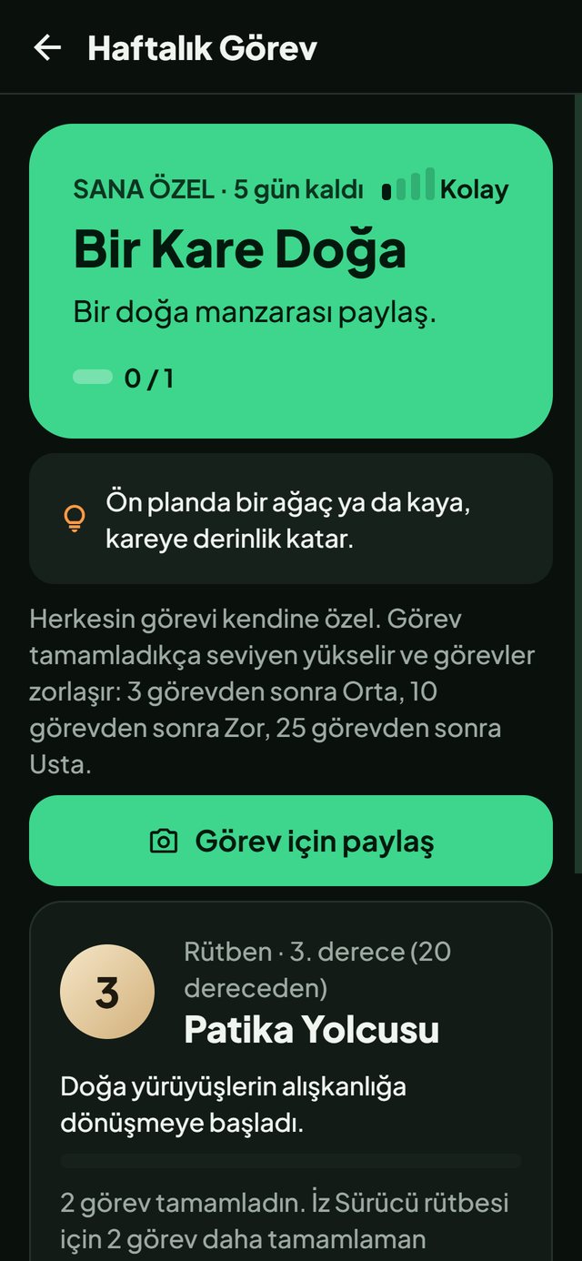 Doğa Haritası uygulaması: Haftalık Görev ekranı