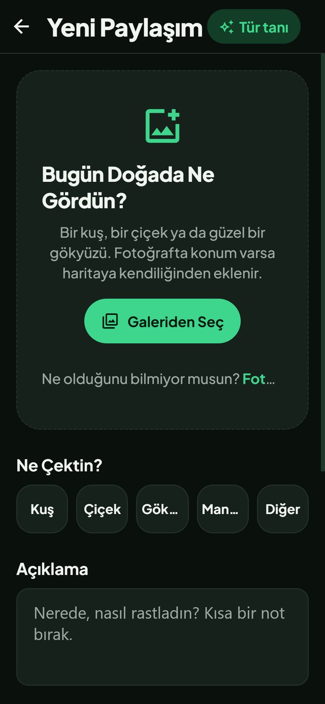 Doğa Haritası uygulaması: Yeni Paylaşım ekranı